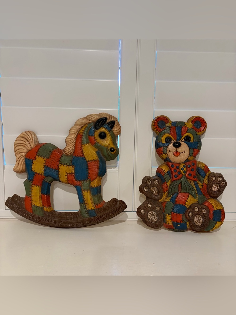 Vintage 1970’s Colorful Horse and Bear Molded Foam Patchwork Nursery Wall Art
